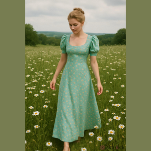 60s HANDMADE AQUA BLUE COTTON WHITE DITZY FLOCK DAISIES EMPIRE MAXI DRESS SZ XS